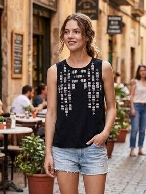 NWOT Madewell Womens Aztec Bohemian Black Embroidered Tank Top Size Small